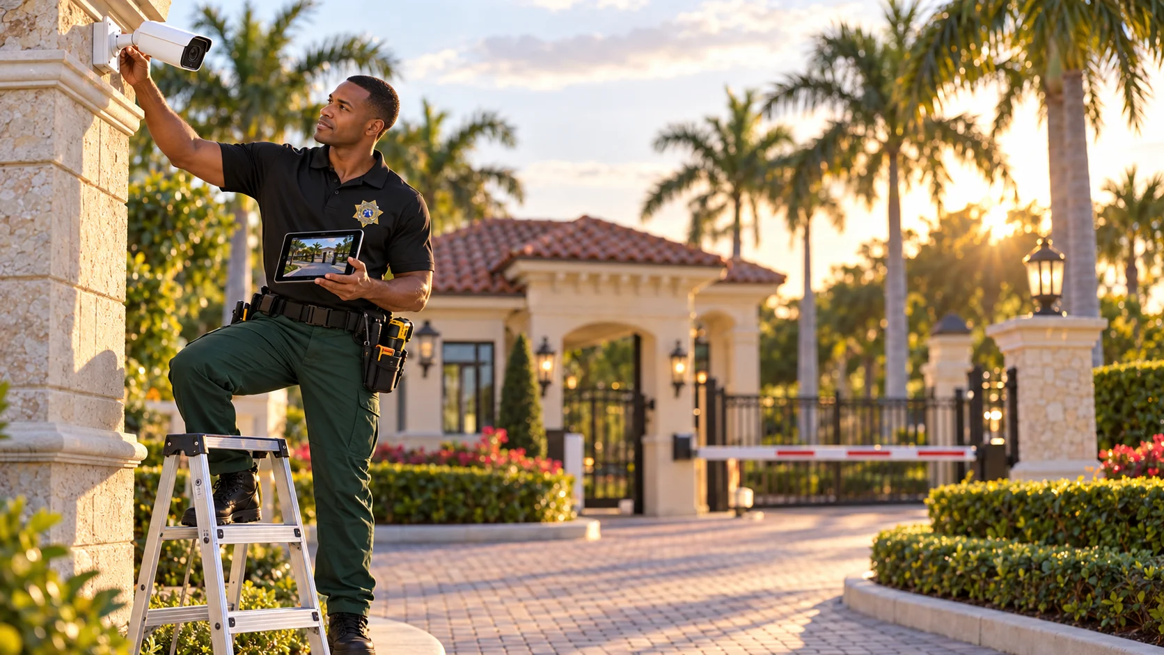 Capital technician installing an AI security camera at a gated community entrance