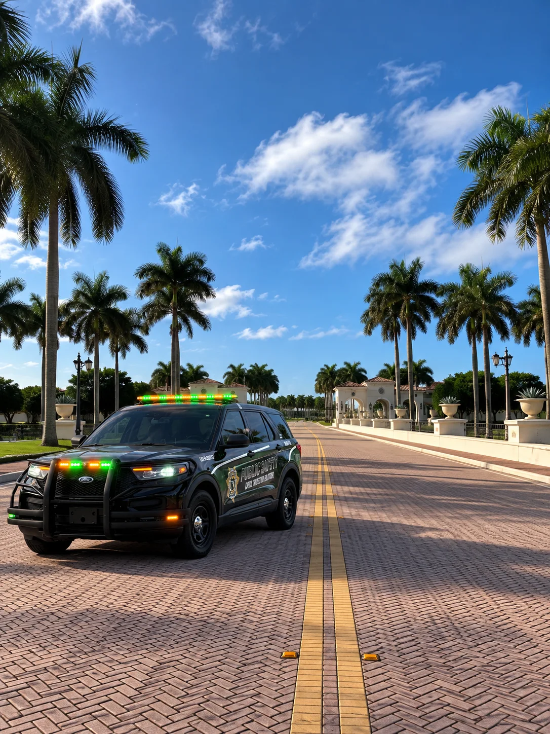 Capital patrol vehicle on a palm-lined community boulevard